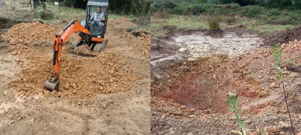 mini-pelleteurse en action pour creuser la mare